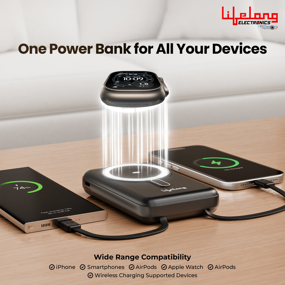 Lifelong Electronics 10000mAh MagSafe Wireless Power Bank | 2 Cables - Lightning & Type C - for Wired Fast Charging | Powerbank for iPhone, iWatch and All Qi Enabled Phones & Devices | Display & Stand