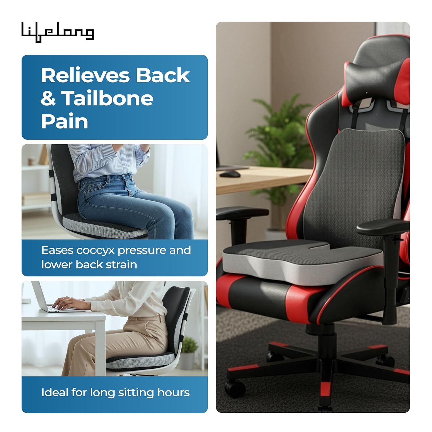 Lifelong Backrest & Seat Cushion Combo for Pain Relief