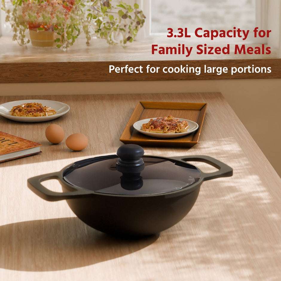 Lifelong Cast Iron Kadai 24cm + glass lid With Wooden Spatula