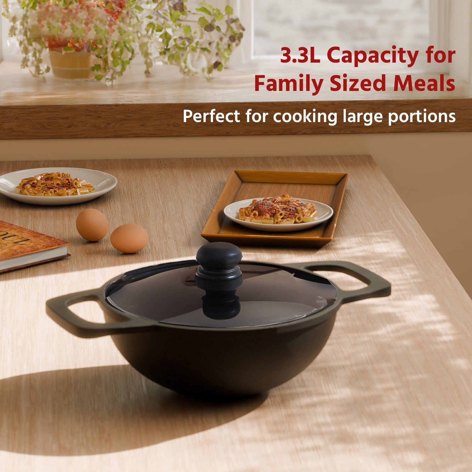 Lifelong Cast Iron Kadai 24cm + glass lid With Wooden Spatula