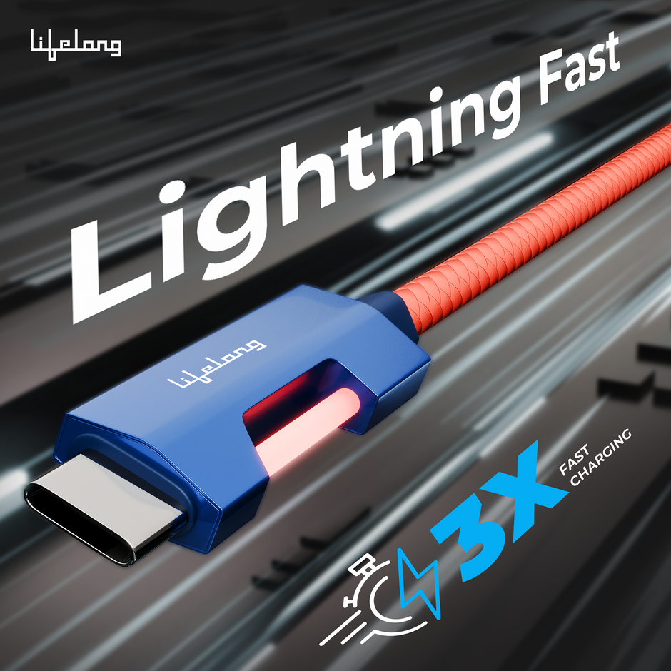 Lifelong Electronics 60W PD USB Type C to Type C Fast Charging Cable with RGB Light | High Speed Data Cable | Strong Nylon Braided & Tangle Free | iPhone 16/15/14, Android, Tablet, Laptop etc. | 1.25M