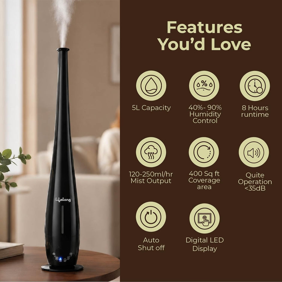Lifelong Cool Mist Ultrasonic Humidifier for Room Moisture 5.5L |Top Fill Aromatic Air Diffuser for Home, Office, Bedroom, Living Room | 35dB, 360° Nozzle, Adjustable Mist, Auto Shut Off, 8Hr