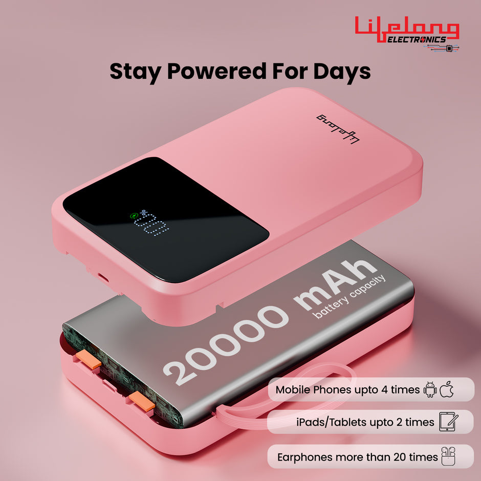 Lifelong Electronics 20000mAh 22.5W Fast Charging Power Bank | 3 Inputs (1 Built-in USB A Cable + 1 C + 1 Lightning Port) & 6 Outputs (3 Built-in Cables + 1 C + 2 A Port) | Small Pocket Size Powerbank