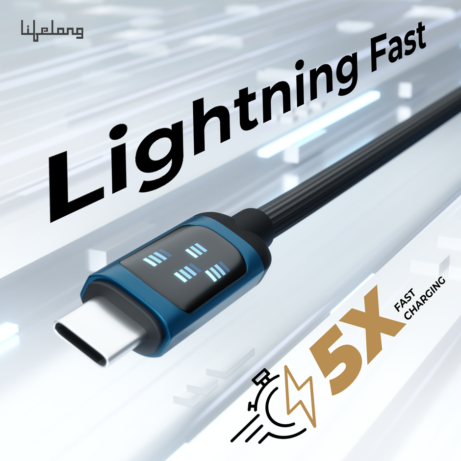 Lifelong Electronics 100W PD USB Type C to Type C Fast Charging Cable with Digital Speed Indicator | High Speed Data Cable | Braided, Tangle Free | iPhone 16/15/14, Android, Laptop, Tablet etc | 1.25M