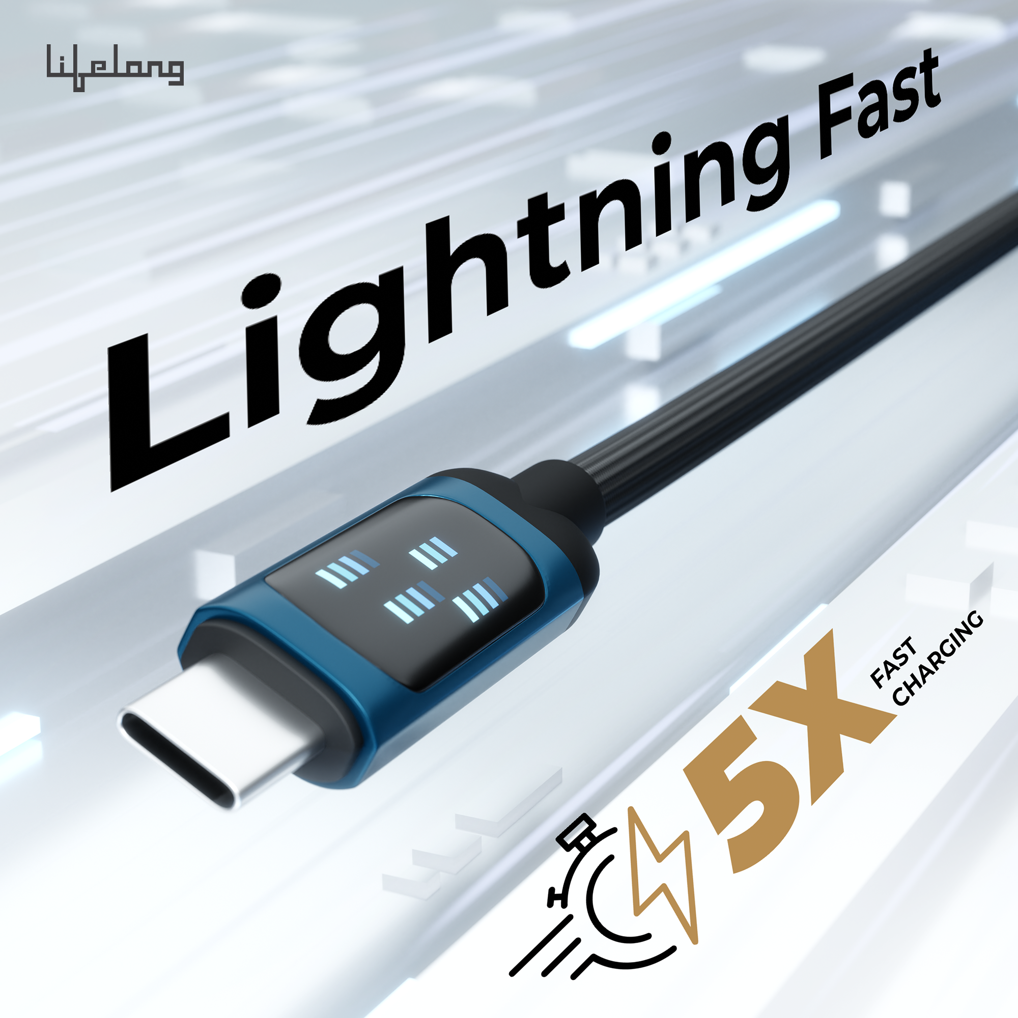 Lifelong Electronics 100W PD USB Type C to Type C Fast Charging Cable with Digital Speed Indicator | High Speed Data Cable | Braided, Tangle Free | iPhone 16/15/14, Android, Laptop, Tablet etc | 1.25M