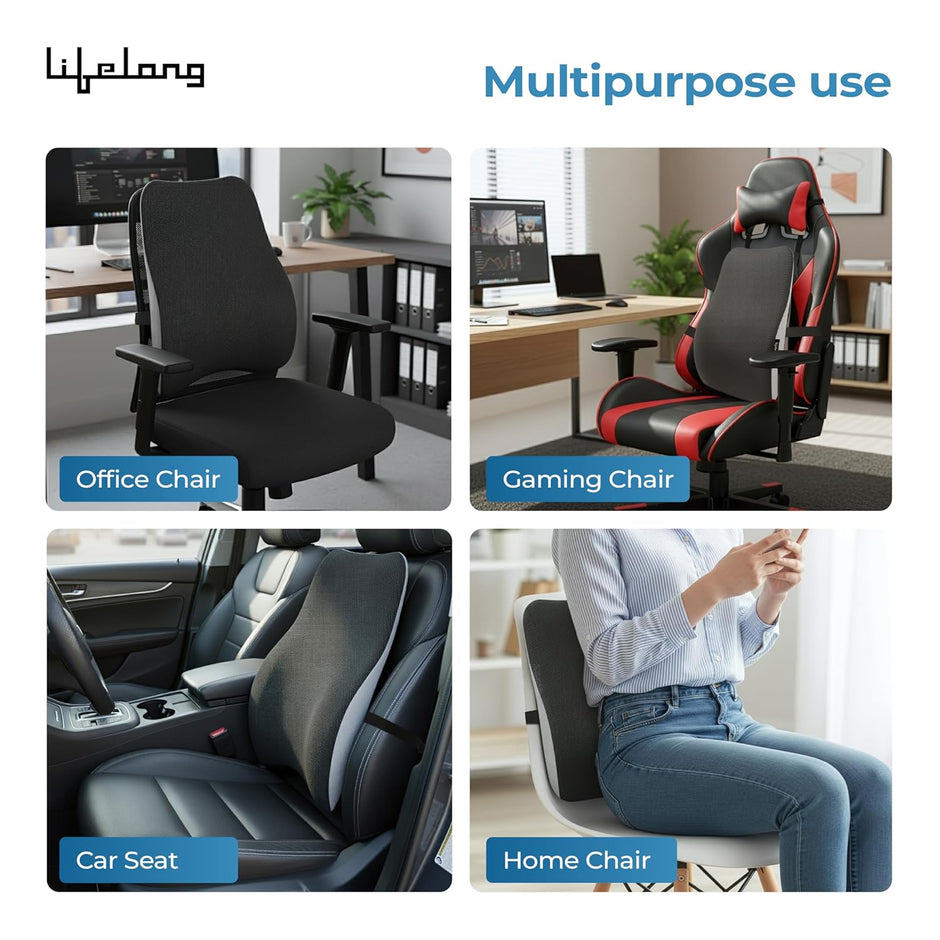 Lifelong Back Support Cushion for Office Chair & Car | Ergonomic Memory Foam Design for Better Posture, Reduced Fatigue, and Comfortable Sitting During Work or Travel