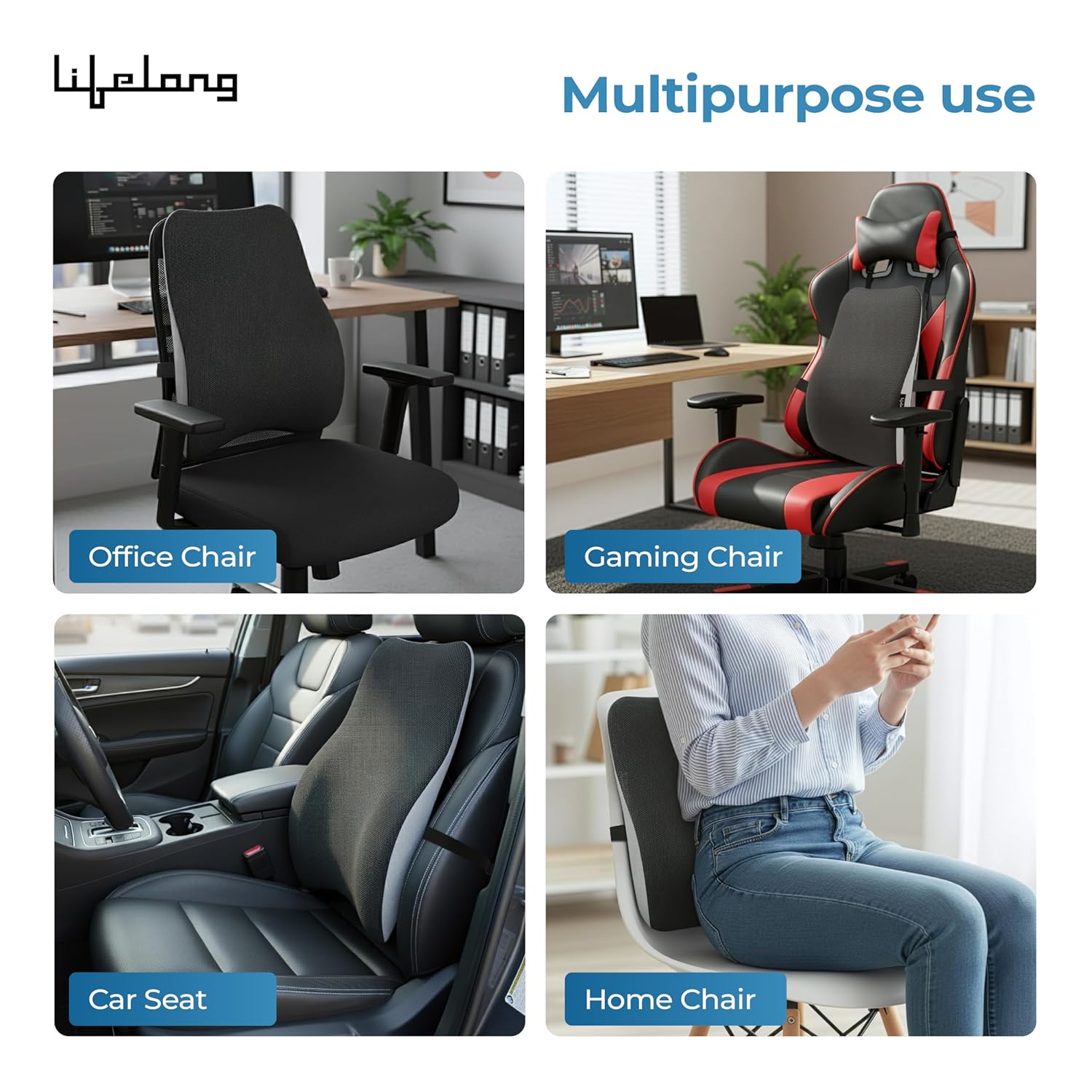Lifelong Back Support Cushion for Office Chair & Car | Ergonomic Memory Foam Design for Better Posture, Reduced Fatigue, and Comfortable Sitting During Work or Travel