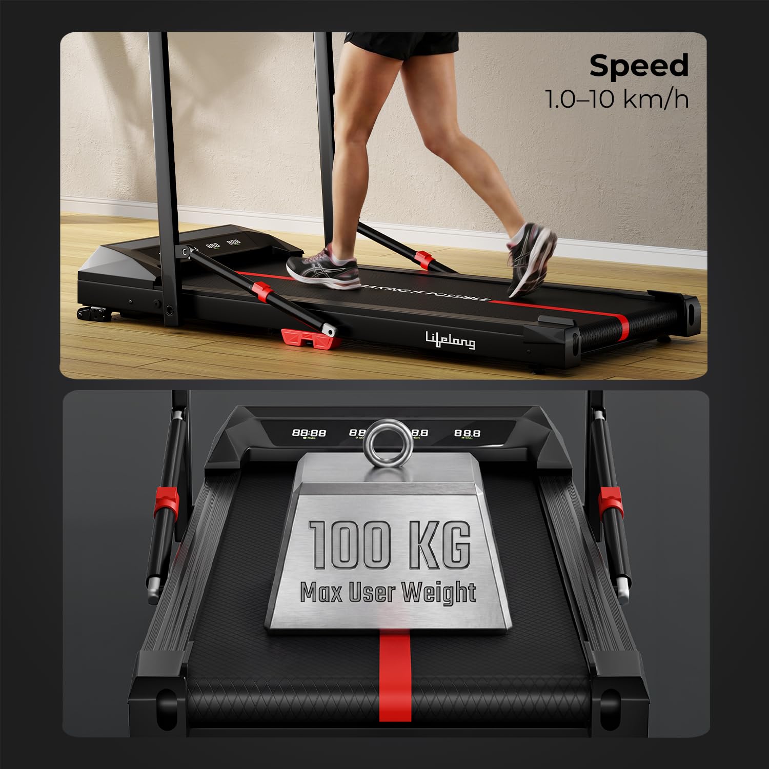 Lifelong 4.5HP Walking Pad Treadmill | Max Speed 10 km/h | LED Display | Under Desk Treadmill Foldable | Walking Pad for Home Gym | Gym Equipment for Home Workout | 100 kg Capacity
