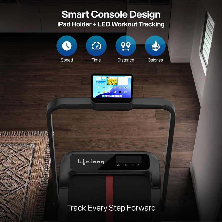 Lifelong 4 HP MotorizedTreadmill for Home|2-Level Manual Incline |Speed 1-10 km/h |LED Display|12 Workout Programs |100 kg Capacity |Gym Equipment for Home Workout| Foldable Handle| iPad & Phone Stand