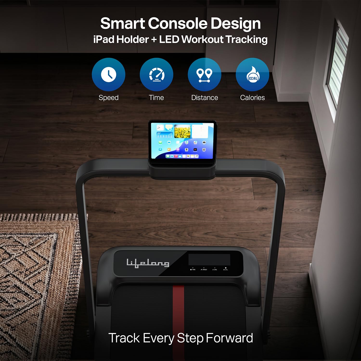 Lifelong 4 HP MotorizedTreadmill for Home|2-Level Manual Incline |Speed 1-10 km/h |LED Display|12 Workout Programs |100 kg Capacity |Gym Equipment for Home Workout| Foldable Handle| iPad & Phone Stand