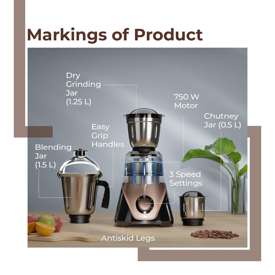 Lifelong Mixer Grinder for Kitchen | 3 Jars 750 Watt Mixie with Chutney Jar, Liquidizing Jar & Wet Grinder |Blender for Juices, Smoothies & Purees with Stainless Steel Blades, 3-Speed & Pulse Function