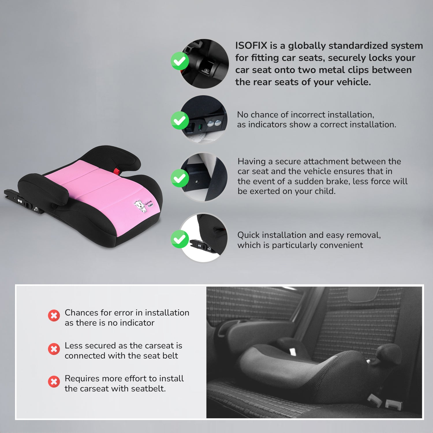 Lifelong Cuppy ISOFIX Booster Car Seat for Kids with Cup Holder - Elevated Seat for Window View |3 to 12 Years - Light Weight, Backless & Washable Fabric -European Safety Standard | Easy Install
