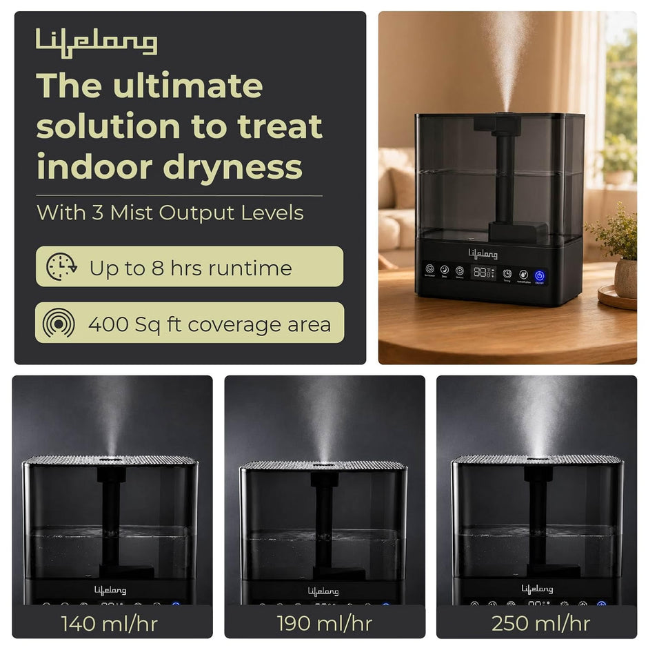 Lifelong Cool Mist Ultrasonic Humidifier for Room Moisture 5L |Top Fill Room Freshener Diffuser for Home, Office, Bedroom, Living Room | 35dB, 360° Nozzle, Adjustable Mist, Auto Shut Off, 8Hr Runtime