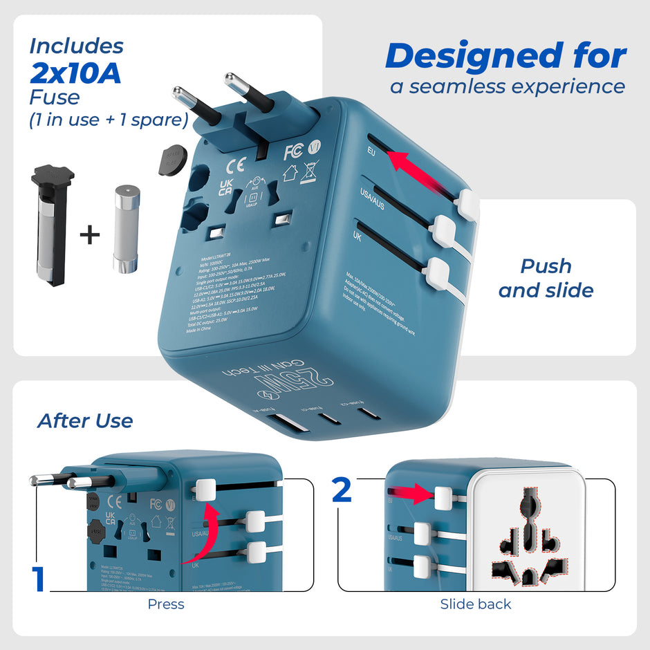Lifelong Electronics 2500W Universal Travel Adapter All in One | 2 Type-C 25W PD & 1 USB-A 18W QC 3.0 | Dual Fuse Protection | 180+ Countries - Europe/US/Asia etc | International Socket Accessories