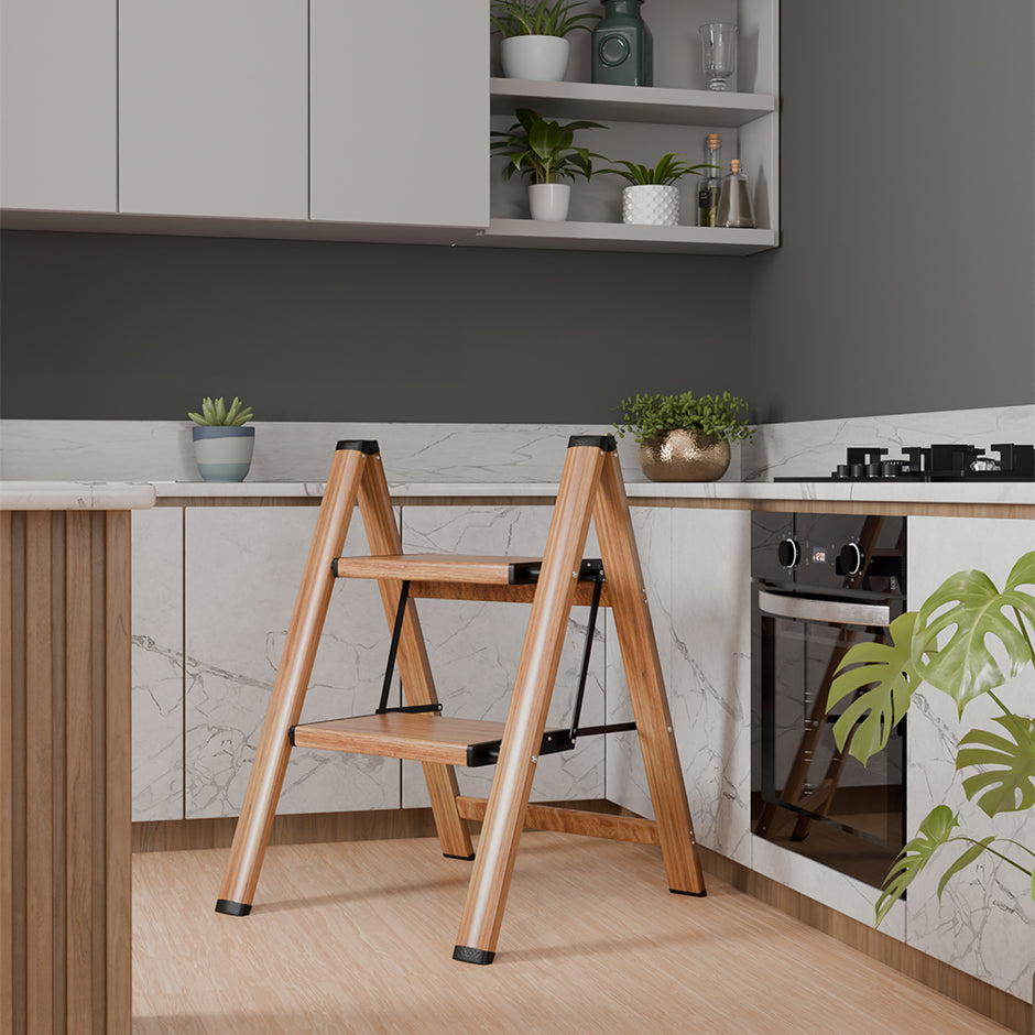 2 Steps Ladder for Home, Wooden Finish Coating, Foldable & Portable Stairs, Versatile Use for Kitchen, Bathroom & Office Foot Stool