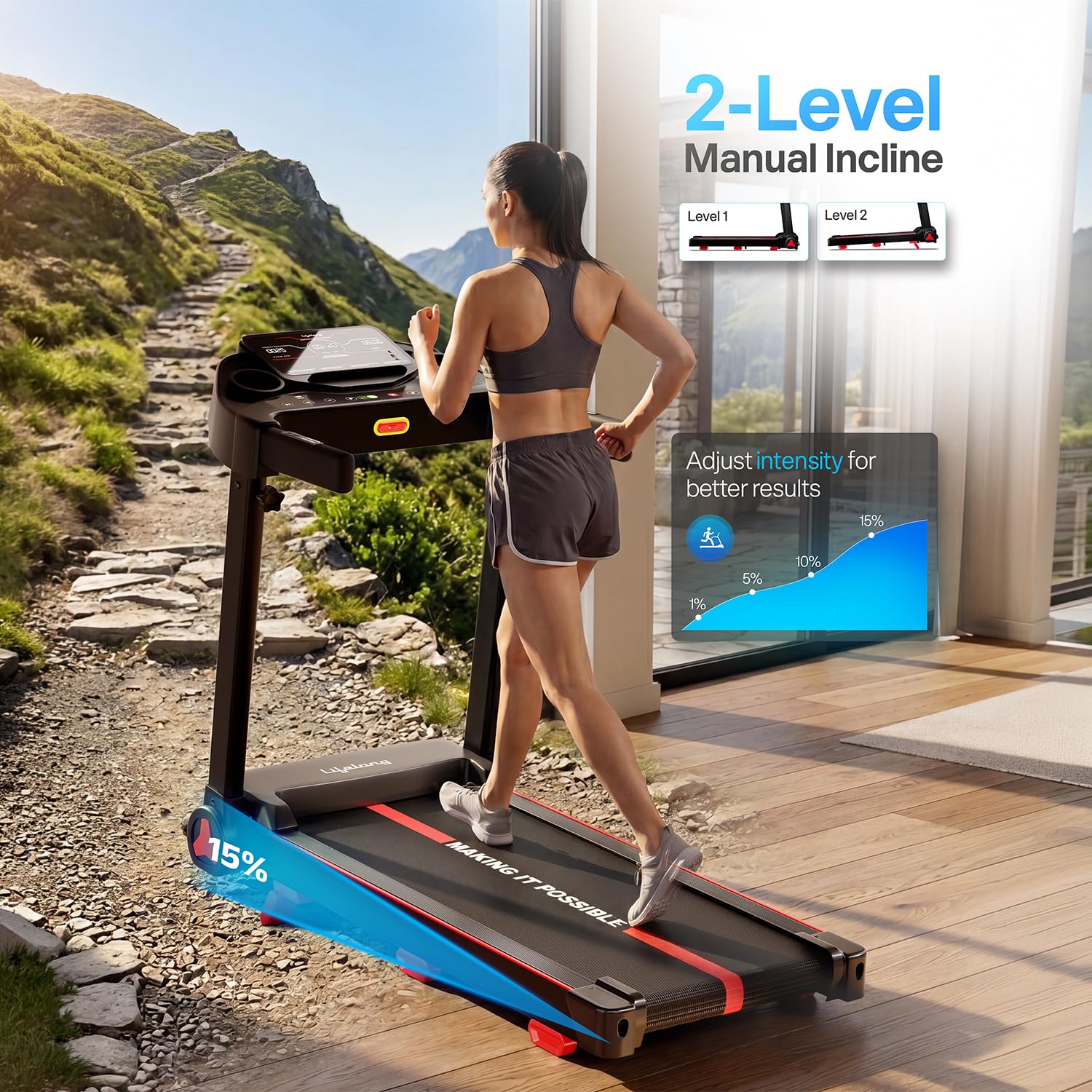 Lifelong 4.5HP Motorized Treadmill for Home | Manual Incline 2 Level | Foldable Handle | Max Speed 14 km/h | | LED Display | 12 Workout Programs |110 kg Capacity| Ideal Gym Equipment for Home Workout