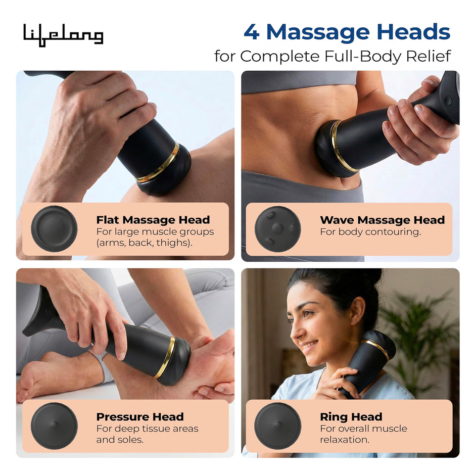 Lifelong Flathead Massager | Rechargeable Body Massager for Pain Relief | 4 Heads for Targeted Therapy | 4 Speed Levels | Heat Therapy | Full Body Electric Percussion Massager for Adults