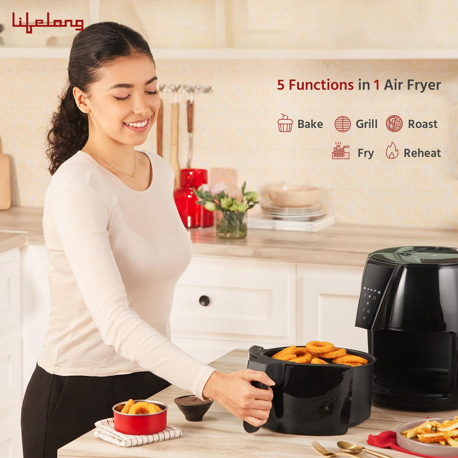 Lifelong Air Fryer | 1 Year Warranty | 1350W, 4.2L, Air Fryer for Home, Digital Air-Fryer with 6 Presets, Hot Air Circulation, Temperature & Timer Control, Up to 90% Less Oil Usage (LLHFD439, Black)