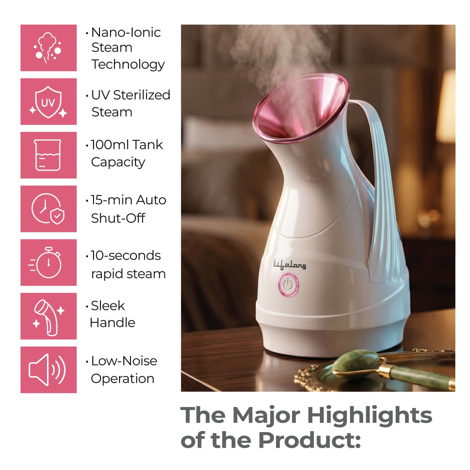 Lifelong Steamer & Vaporizer for Cough, Cold & Facial-100ml | Nano-Ionic Portable Face Steamer for Facial, Steam Inhaler for Sinus & Vaporizer Machine for Adults & Kids | 10Sec Mist, 10 Cotton Pads