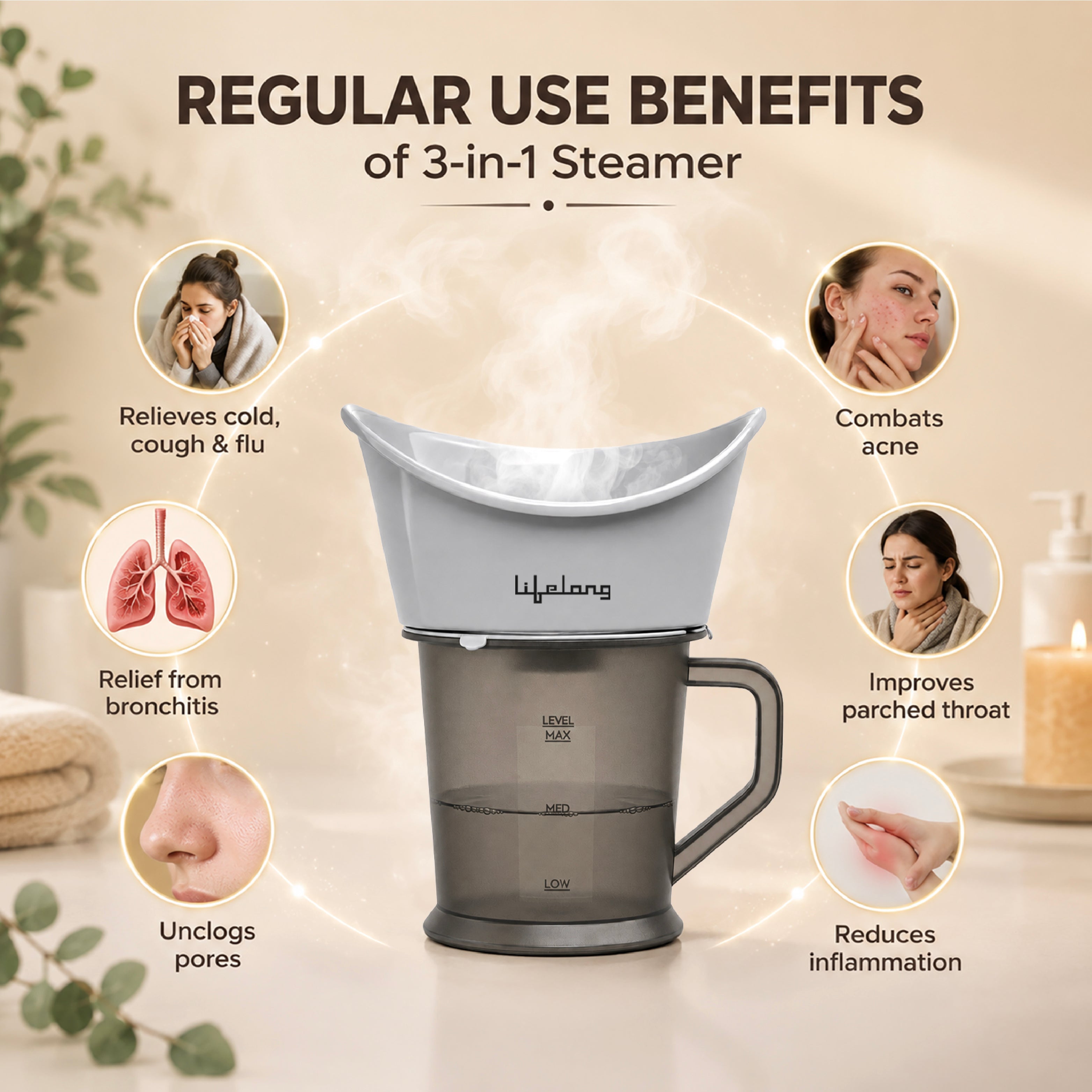 Lifelong 3-in-1 Vaporizer & Steamer for Cold, Cough & Facial | Face Steamer for Facial, Steam Inhaler for Cold & Cough, Vaporizer Machine for Adults and Kids | 1-Min Fast Vaporization, 400ml Capacity
