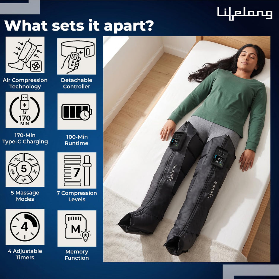 Lifelong Air Compression Leg & Foot Massager Machine for Pain Relief | 4000mAh Cordless Feet Massager with 240mmHg Pressure & 5Air Chambers | 2 Controllers, 7Intensities, 5Modes for Muscle Relaxation