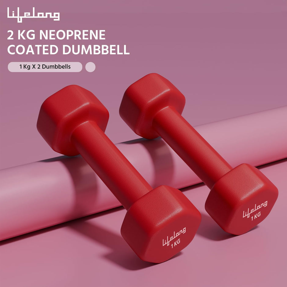 Lifelong Neoprene Dumbbells Set of 2 (1kg x 2) Fixed Weight Set for Home Gym, Fitness, Gym Exercise, Home Workout Weights for Men & Women, Red