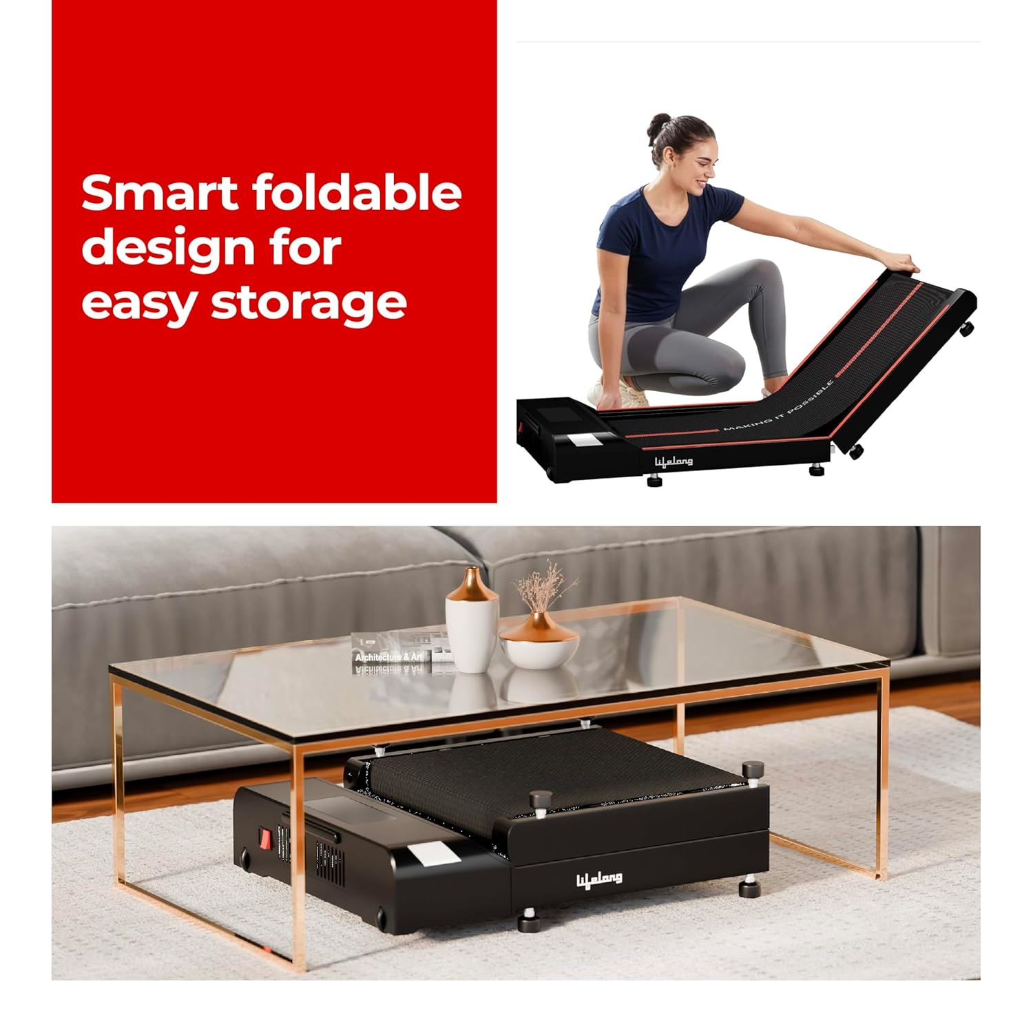Lifelong Motorized 4.5 HP Foldable Walking Pad for Home | Treadmill for Home | 8 km/hr Speed | LED Display & Remote Control | Slim Under-Desk Walk Machine | 110 kg Capacity Ink Black