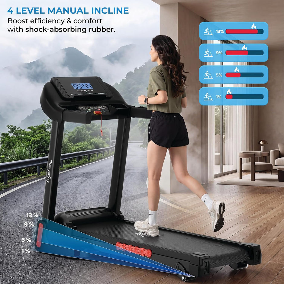Lifelong 4.5HP Motorized Treadmill for Home | Manual Incline 12% Foldable Handle Max Speed 12 km/h LED Display | 12 Workout Programs |110 kg Capacity| Ideal Gym Equipment for Home Workout Jet Black
