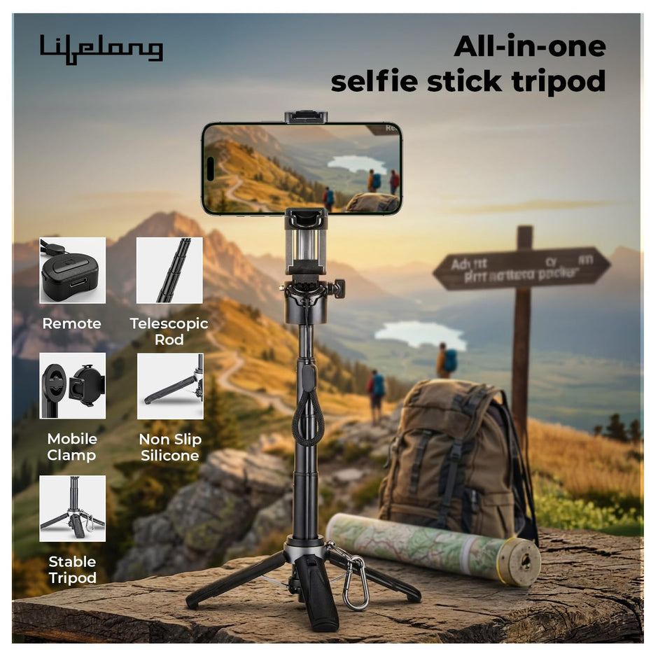 Lifelong Selfie Stick Tripod with Magsafe & Wireless Bluetooth Remote | Lightweight & Portable| Extendable Cell Phone Stand with Phone Clamp & Magnetic Ring | Ideal for iPhone & Android Mobile