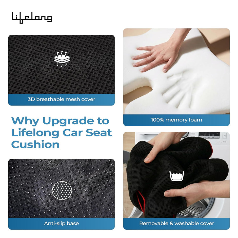 Lifelong Car Seat Cushion for Driving | 100% Memory Foam Sciatica & Tailbone Pain Relief | Orthopedic Pillow with Non-Slip Base, Washable Cover | Office Chair & Truck Compatible (LLCC13)
