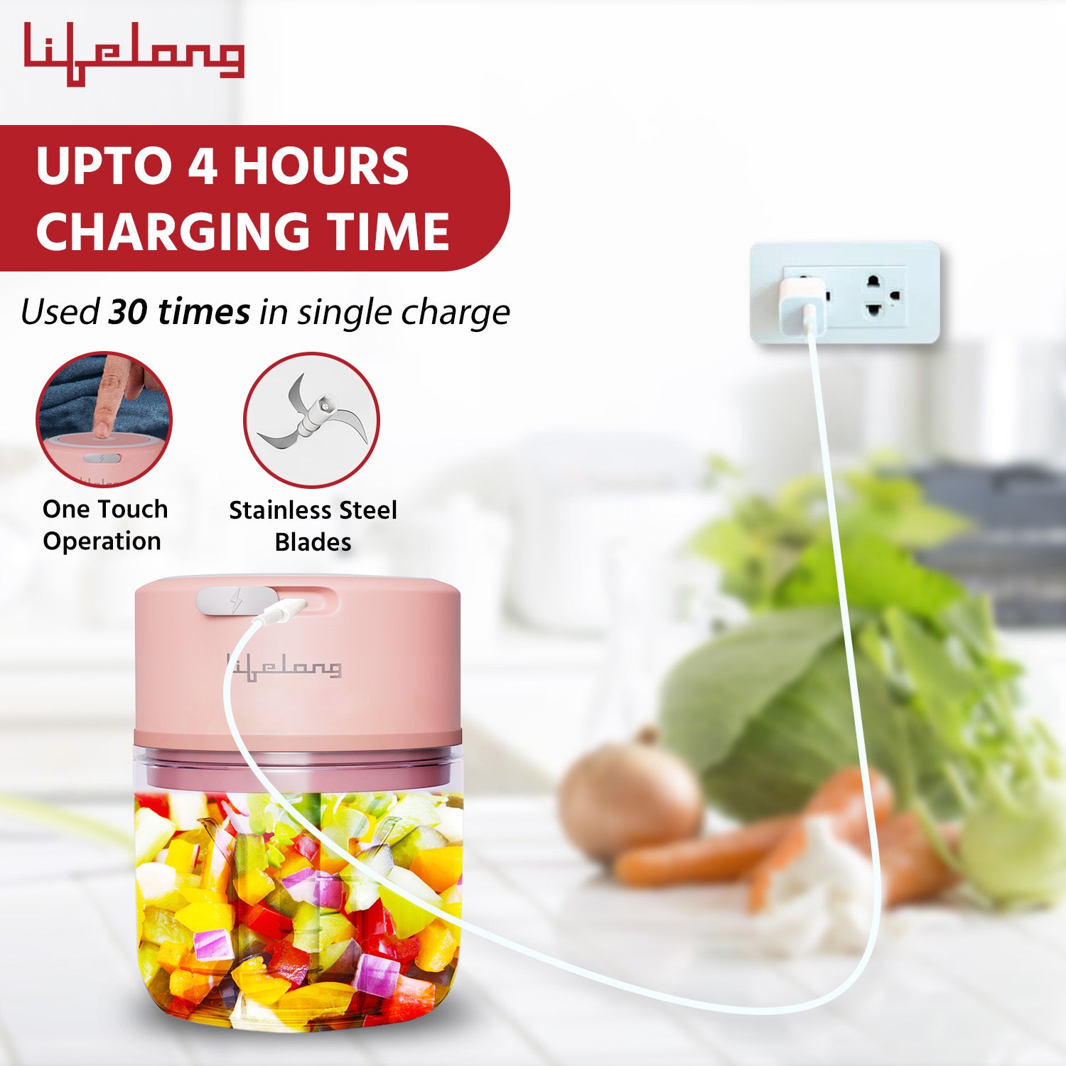 USB Rechargeable Wireless Electric Chopper with Stainless Steel Blades for Onion, Garlic, Vegetables, Nuts, Meat - 250 ML (Pink)