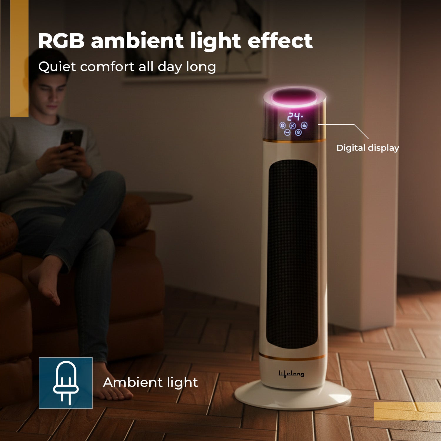 Lifelong PTC Room Heater for Home in Winter | 2000W with Humidification | Bedroom Electric Heater with RGB Light & Remote | 2in1 Fan Mode & Warm Wind | Low Noise, Energy Efficient & Portable Heater