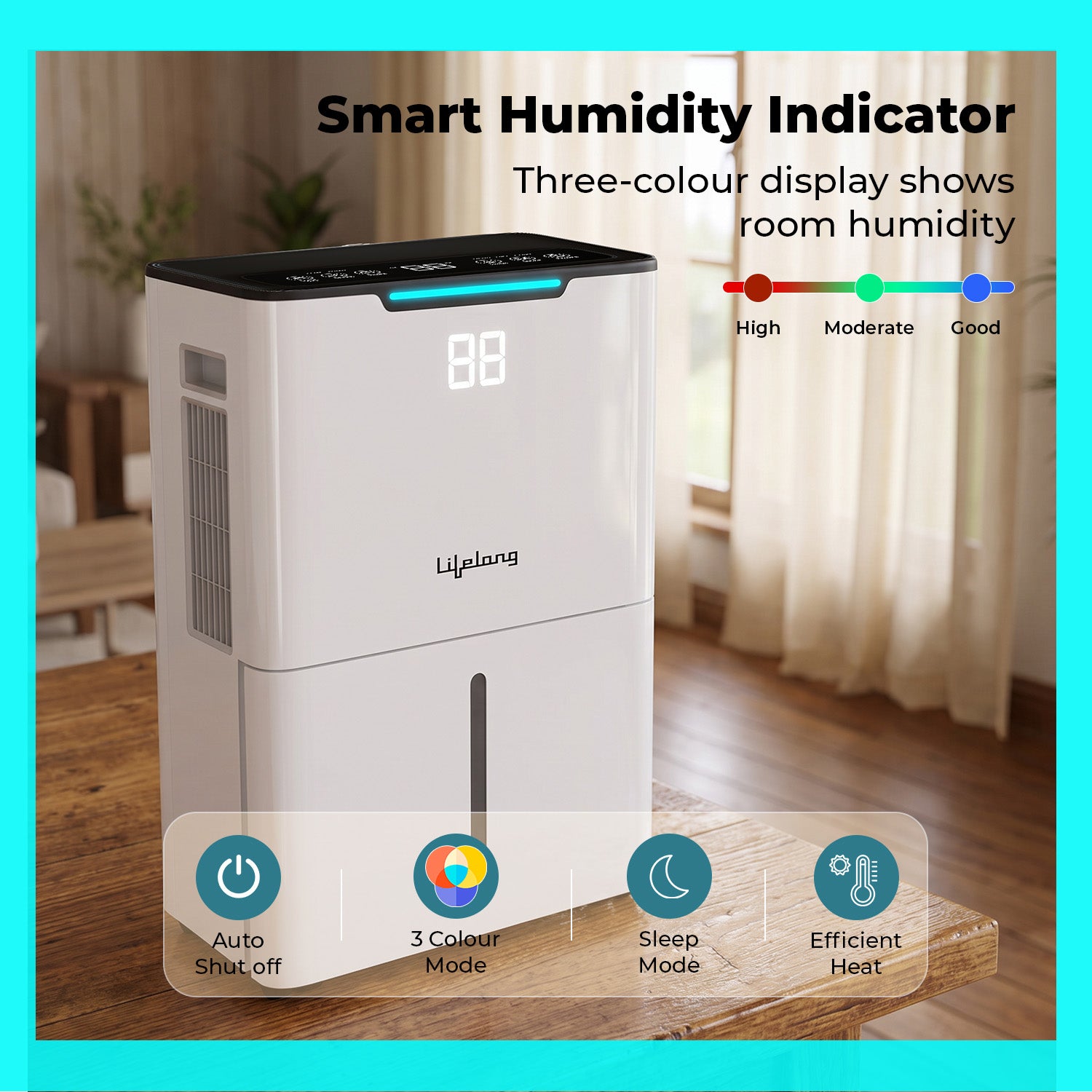 Lifelong Dehumidifier for Bedroom, Home, Wardrobe & Car | Portable Moisture Absorber with Intelligent Touch Control, 24-Hour Timer, 2-Speed Fan, Auto Defrost, Humidity Indicator & 180° Wheels