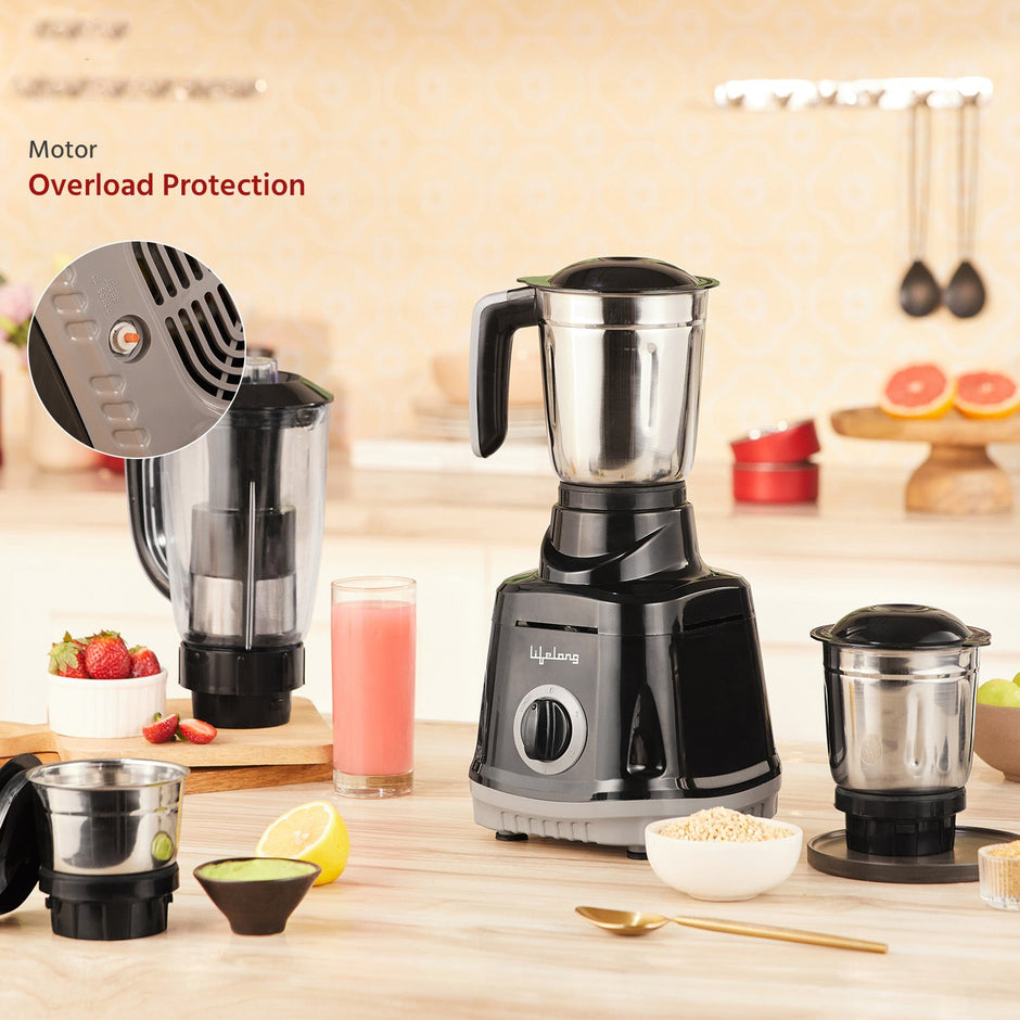 Lifelong Juicer Mixer Grinder for Kitchen - 4 Jars 750 Watt Mixie - Juicer with Fruit Filter, Grinding Jar, Chutney Jar & Liquidizing Jar used as Wet Grinder & Blender - Stainless Steel Blades(LLMG75)