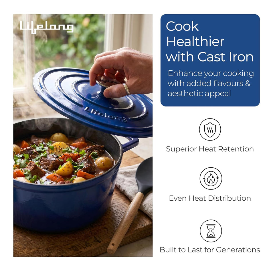 Lifelong Enamel Cast Iron Casserole with Lid (3.8L, 24cm) | Oven, Gas & Induction Compatible | Slow Cooking, Even Heat Distribution, Nontoxic, Durable, Naturally Nonstick, No Stains or Scratch (Blue)