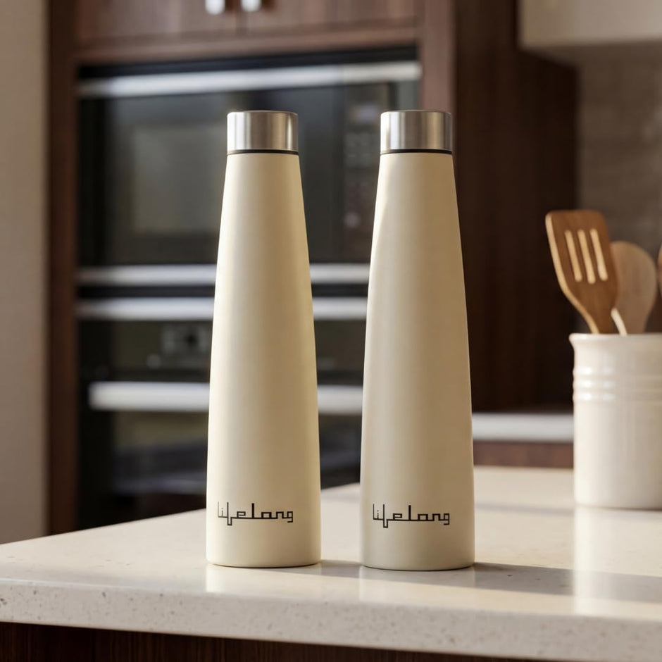 Lifelong 900ml Stainless Steel Water Bottle Pack of 2 | Leak-Proof & Durable | Easy to Clean | Odour-Free | Rust-Free Build, Secure Cap & Easy Grip | Ideal for School, Office, Travel & Gym (Beige)