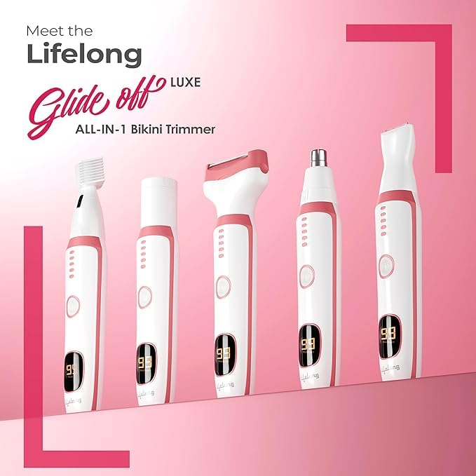Lifelong GlideOff Luxe 5-in-1 Women’s Face & Body Trimmer | Electric Shaver & Razor with 5 Interchangeable Heads for Bikini, Eyebrow, Nose & Ear Hair Removal, 120 Min Runtime, USB Type-C Charging