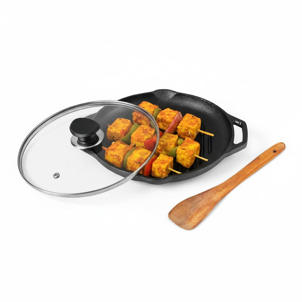 Lifelong Cast Iron Grill Pan with Glass Lid & Wooden Spatula | 2Litre | Induction & Gas Stove Compatible |Non-Toxic Cookware,Non-Stick & Teflon Free | Durable for Easy Cooking & Cleaning(LLCIGP010GL)