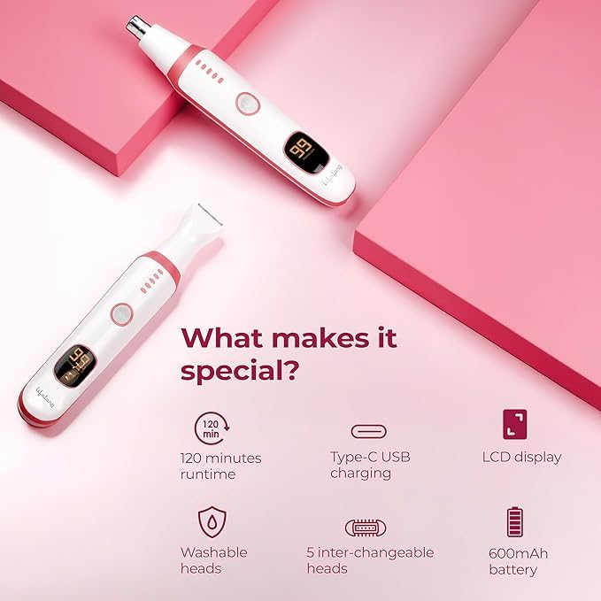 Lifelong GlideOff Luxe 5-in-1 Women’s Face & Body Trimmer | Electric Shaver & Razor with 5 Interchangeable Heads for Bikini, Eyebrow, Nose & Ear Hair Removal, 120 Min Runtime, USB Type-C Charging
