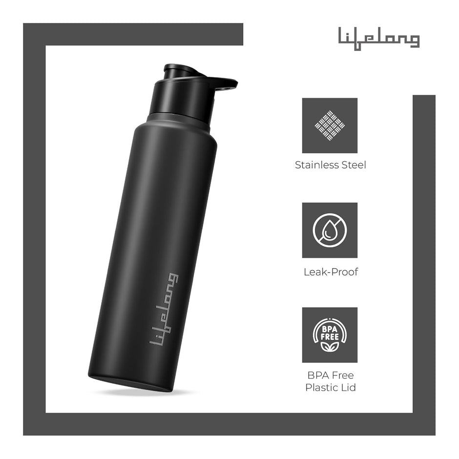 Lifelong 950ml Stainless Steel Water Bottle – Leak-Proof, Durable, Black