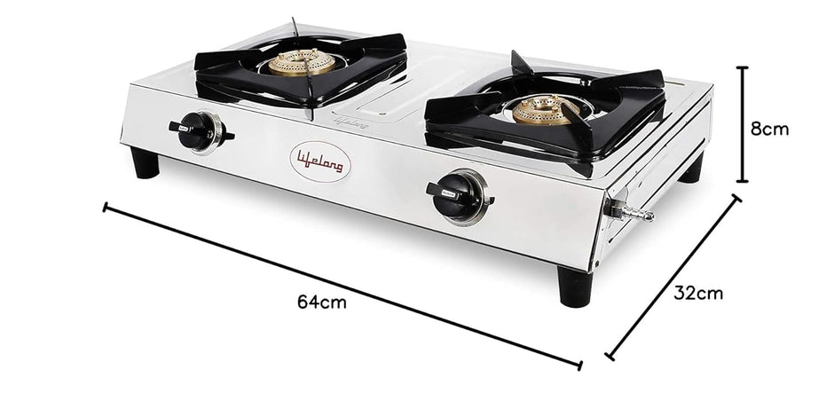Lifelong 2 Burner Gas Stove Top for Kitchen - Manual Ignition Cooktop with Stainless Steel for Kitchen, ISI Certified & Compatible with LPG - 1 Year Manufacturer's (Silver, LLGS991)