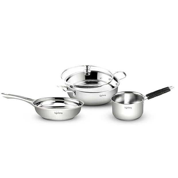 Lifelong Stainless Steel Cookware Set – Kadai, Fry Pan (22cm) with Glass Lid & Saucepan (14cm), Sandwich Bottom, Induction & Gas Compatible