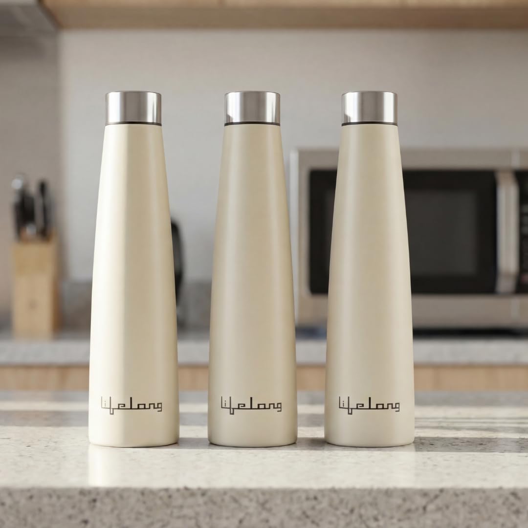 Lifelong 900ml Stainless Steel Water Bottle Pack of 2 | Leak-Proof & Durable | Easy to Clean | Odour-Free | Rust-Free Build, Secure Cap & Easy Grip | Ideal for School, Office, Travel & Gym (Beige)