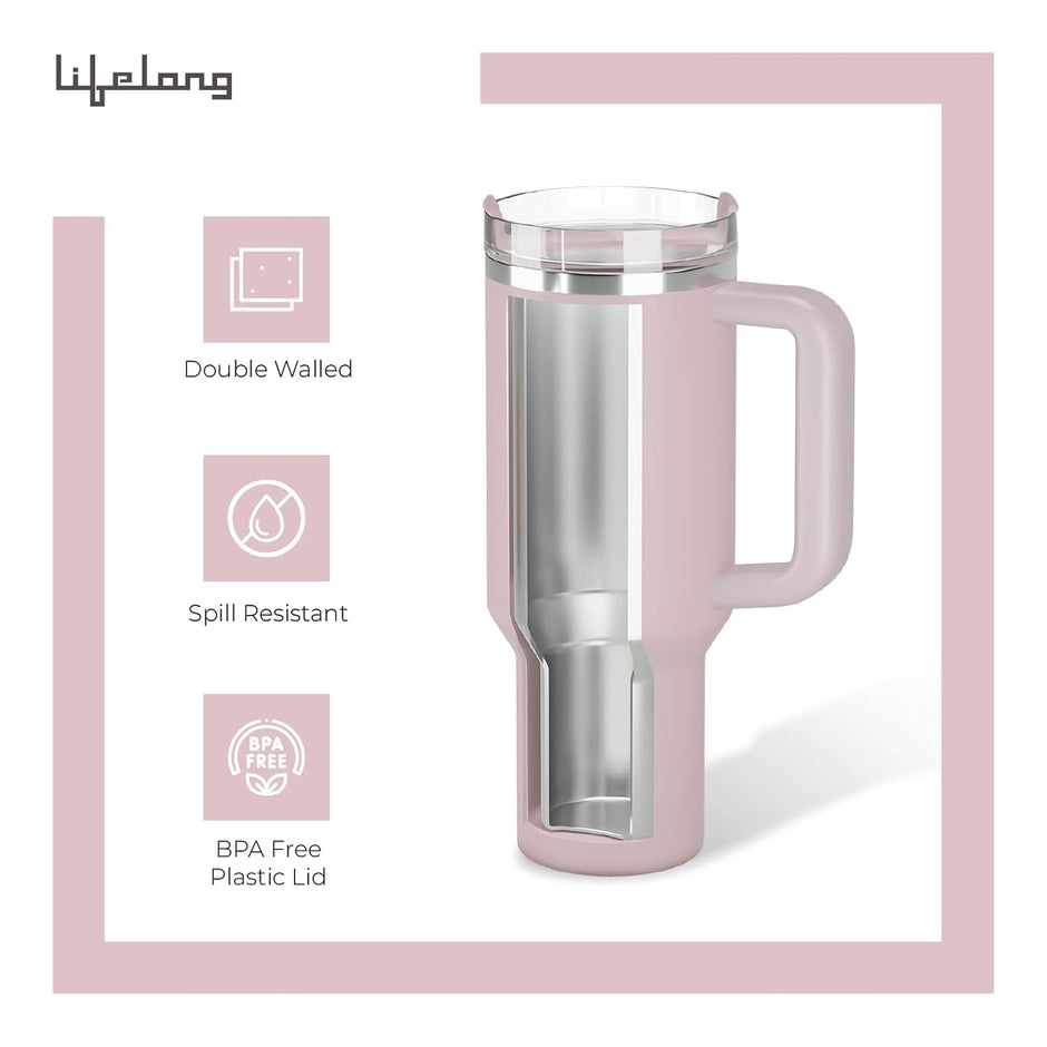 Lifelong Double-Walled Vacuum Insulated Tumblers 1200ml | Set of 2 | Unbreakable Tritan Lids, Stainless Steel Straws & Straw Cleaner | Hot 8 Hrs Cold 12 Hrs | Durable Steel with Handle (LLTBRCB1)