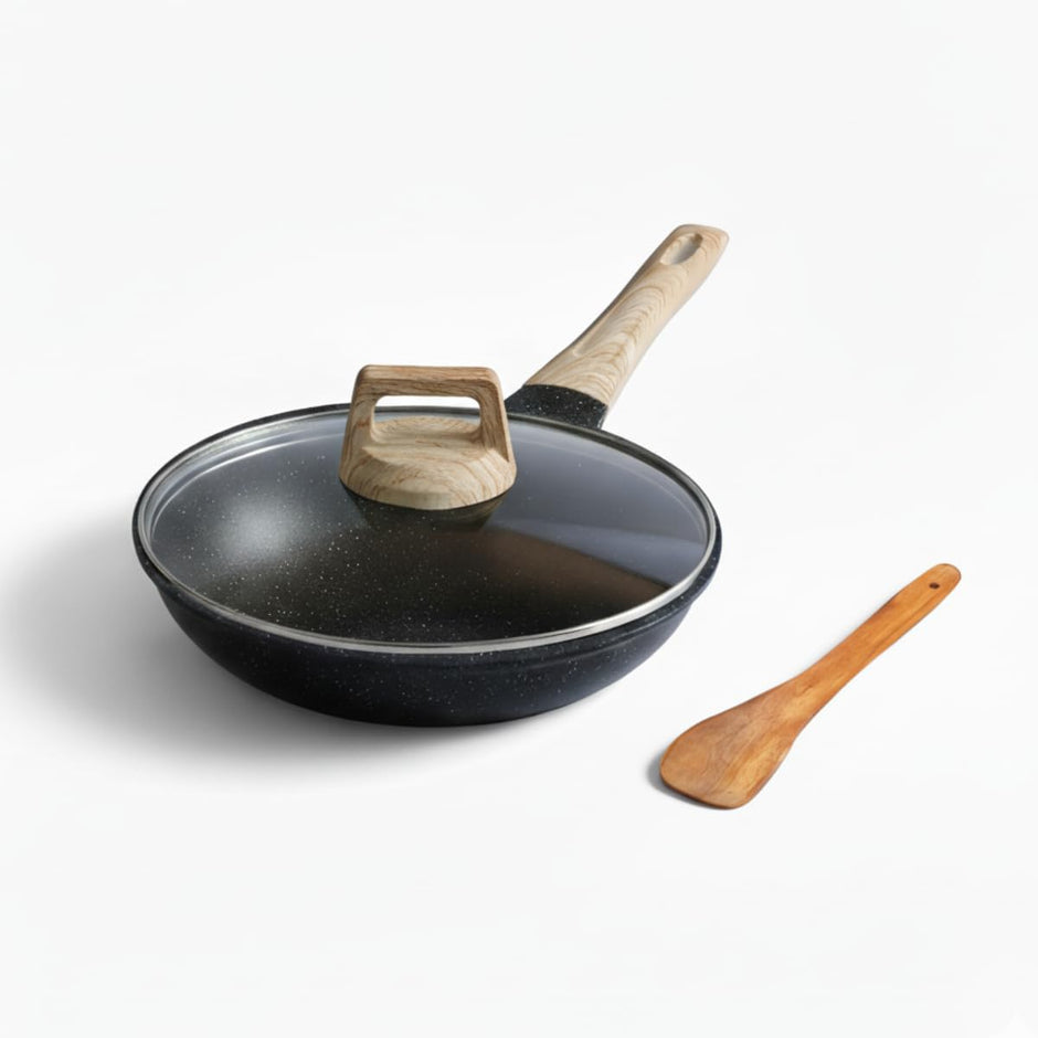 Lifelong Die-Cast Fry Pan 24cm with Glass Lid & Wooden Spatula