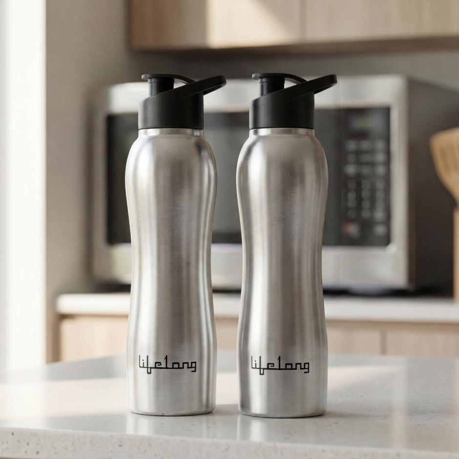 Lifelong 750ml Stainless Steel Water Bottle Pack of 2 | Leak-Proof & Durable | Easy to Clean | Odour-Free | Rust-Free Build, Secure Cap & Easy Grip | Ideal for School, Office, Travel & Gym (Silver)