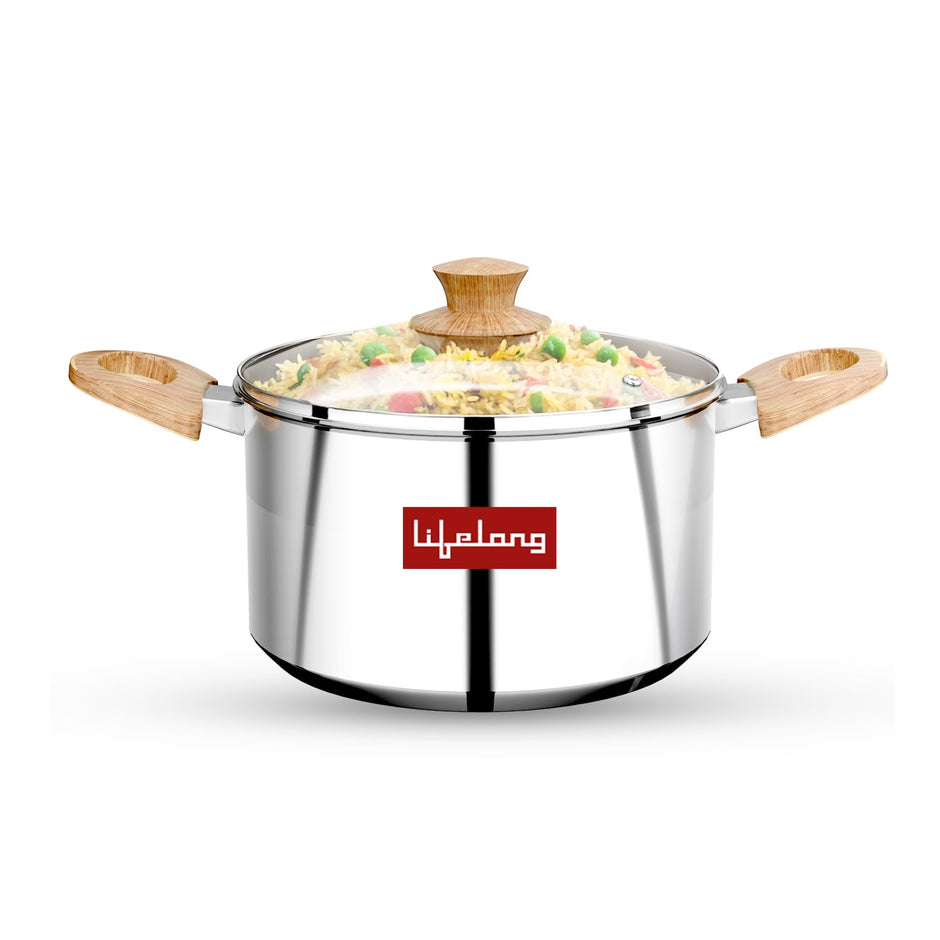 Lifelong Polished Triply Sauce Pan Cooking Pot with Glass Lid, 18cm, 2.25 Liters