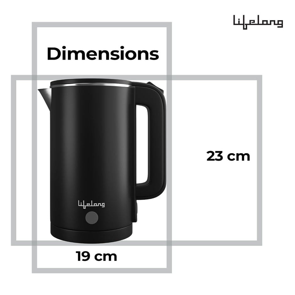 Lifelong Electric Kettle 1.5 litre | 1500W Stainless Steel Kettle with Double Wall & Cool Touch Body | Multipurpose Electric Kettle | 360Â° Swivel Base, Auto Shut Off & Overheat Protection (Black)