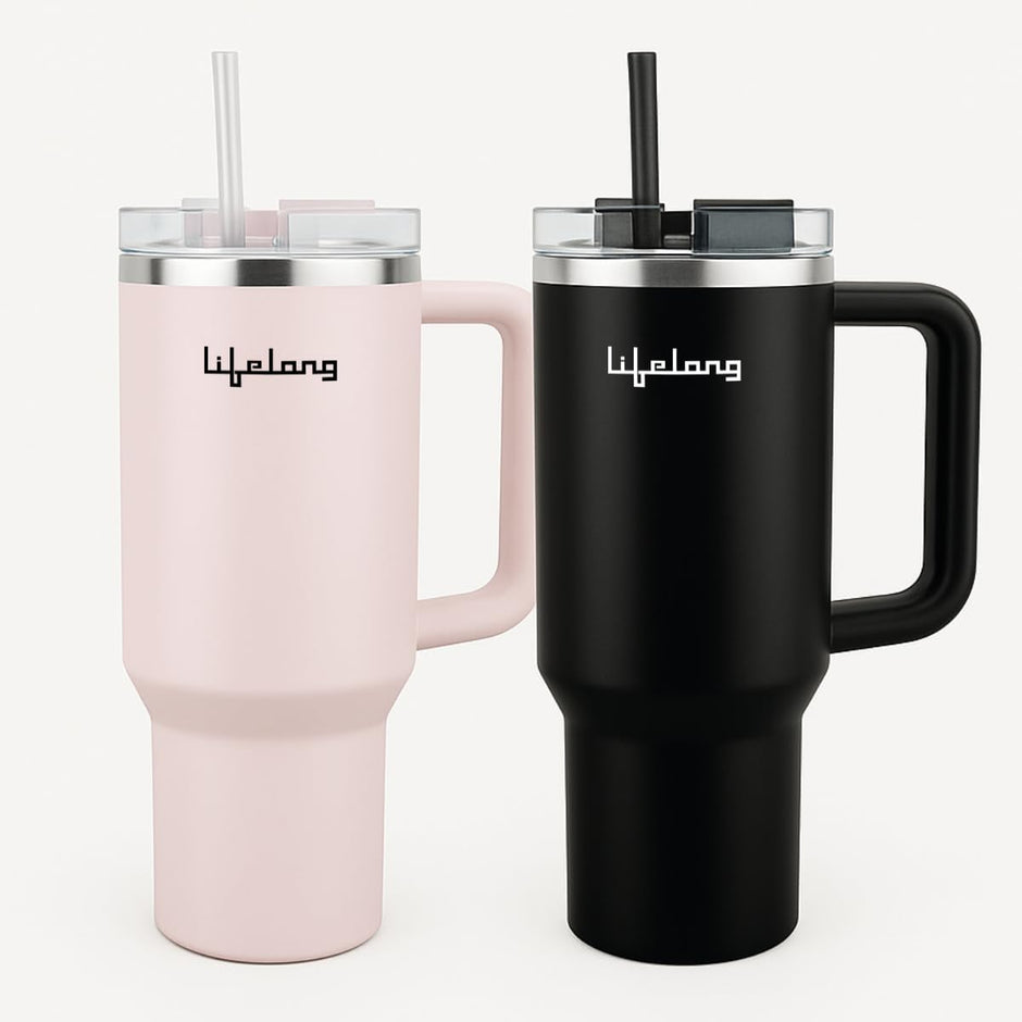 Lifelong Double-Walled Vacuum Insulated Tumblers 1200ml | Set of 2 | Unbreakable Tritan Lids, Stainless Steel Straws & Straw Cleaner | Hot 8 Hrs Cold 12 Hrs | Durable Steel with Handle (LLTBRCB1)