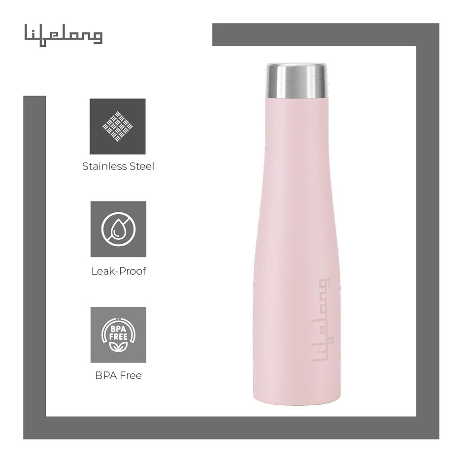 Lifelong Stainless Steel Water Bottle 900ml | Durable, Leak-Proof, Easy Grip, Rust Free, Easy-to-Clean, Odour-Free Bottle with Secure Cap for School, Travel, Gym & Work (LLBT03BP, Blush Pink)